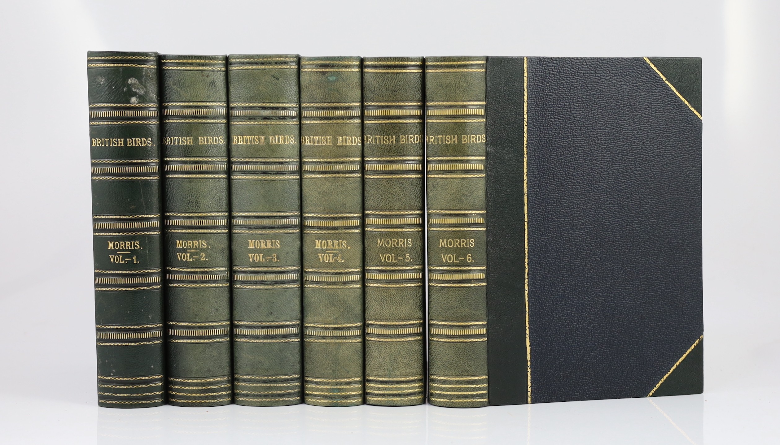 Morris, Rev. Francis Orpen - A History of British Birds, 4th edition. revised, corrected, and enlarged, 6 vols. 394 hand coloured plates; contemp. gilt decorated green half morocco and cloth, marbled edges and e/ps., 4 t